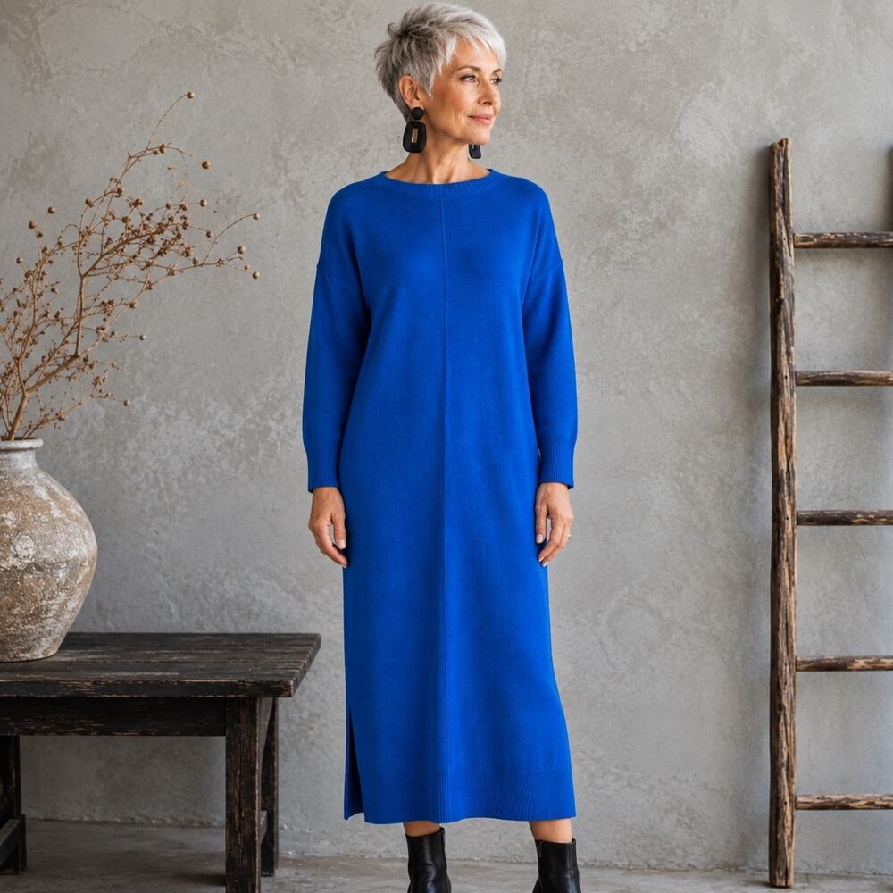 Vintage Blue Schrader Knit Midi Shift Long Sleeve Sweater Dress 16